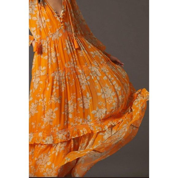 Anthropologie The Marais Printed Chiffon Maxi Dress in Orange Motif, NWT XS - Picture 3 of 8